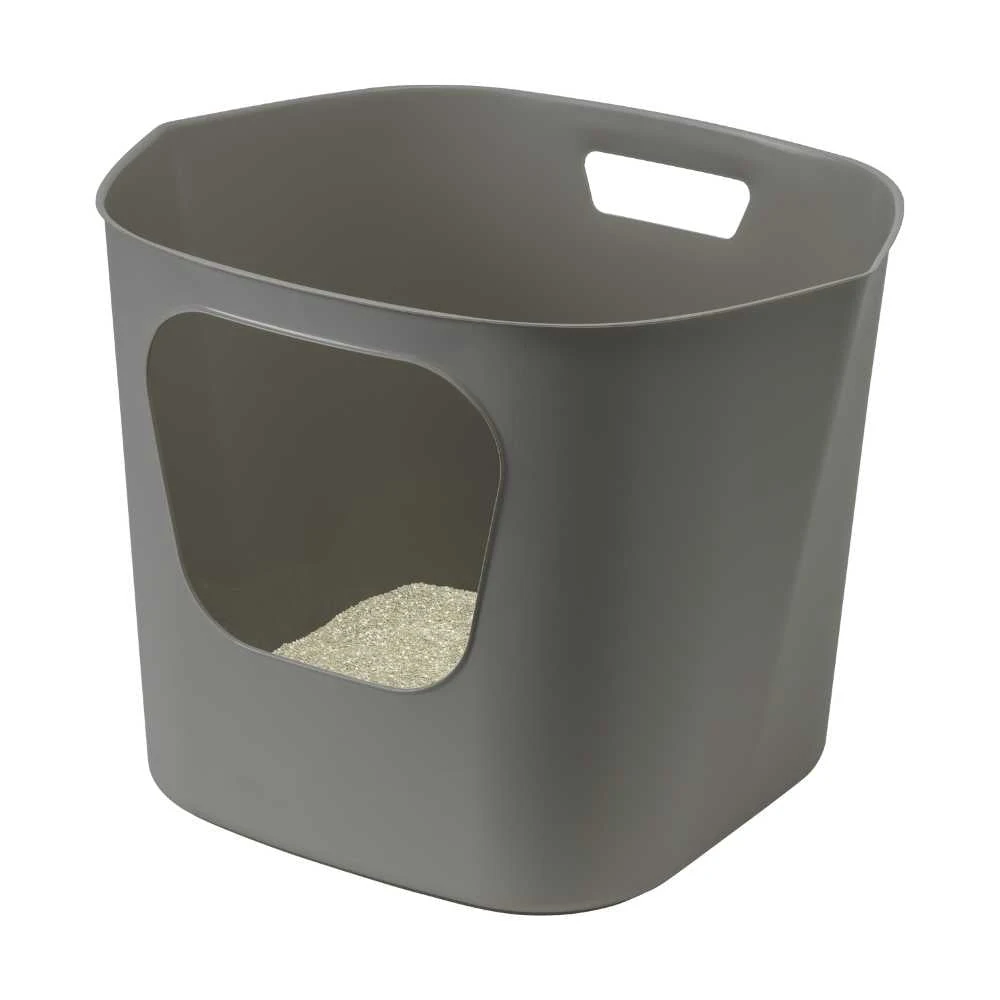 pet food storage container 20kg next to Moderna Lotus Easy to Pour Cat Litter Box Warm Grey
